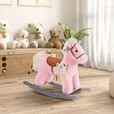 HOMCOM Kids Plush Ride-On Rocking Horse Toy Rocker with Plush Toy Realistic Sounds for Child 18-36 Months Pink