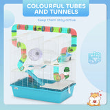 PawHut 4 Tier Hamster Cage w/ Tubes, Exercise Wheel, Hut, Water Bottle, Food Dish, Ramps, for Dwarf Hamster, Light Blue