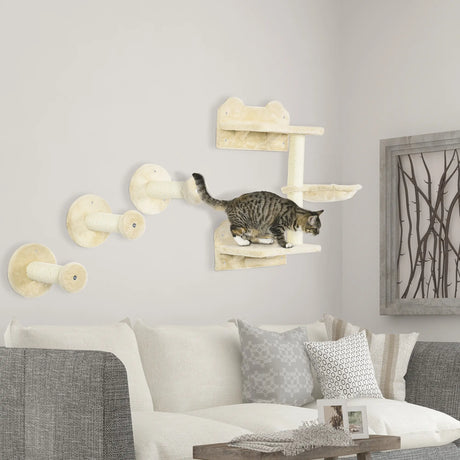 PawHut 4 Piece Cat Shelf with Scratching Post, Wall-Mounted Cat Tree for Indoor Cat - Beige
