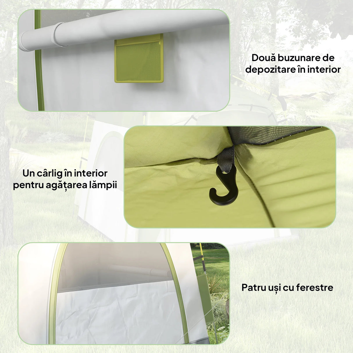 Outsunny Instant Pop Up Camping Tent, 4 Man Dome Tent with 4 Doors, Sewn-in Groundsheet, Carry Bag and Top Hook for Fishing Hiking Festival, Green