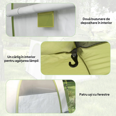 Outsunny Instant Pop Up Camping Tent, 4 Man Dome Tent with 4 Doors, Sewn-in Groundsheet, Carry Bag and Top Hook for Fishing Hiking Festival, Green