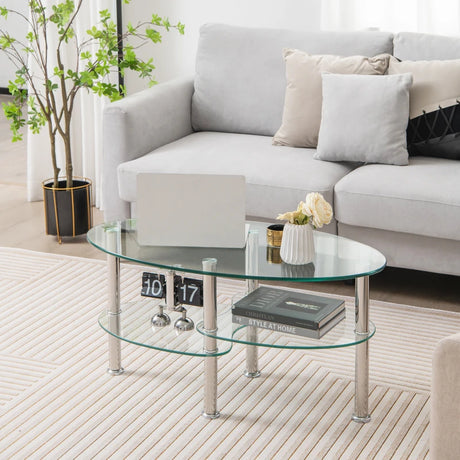 3 Tier Glass Table with Modern Oval Design Three Tier Transparent Shelf