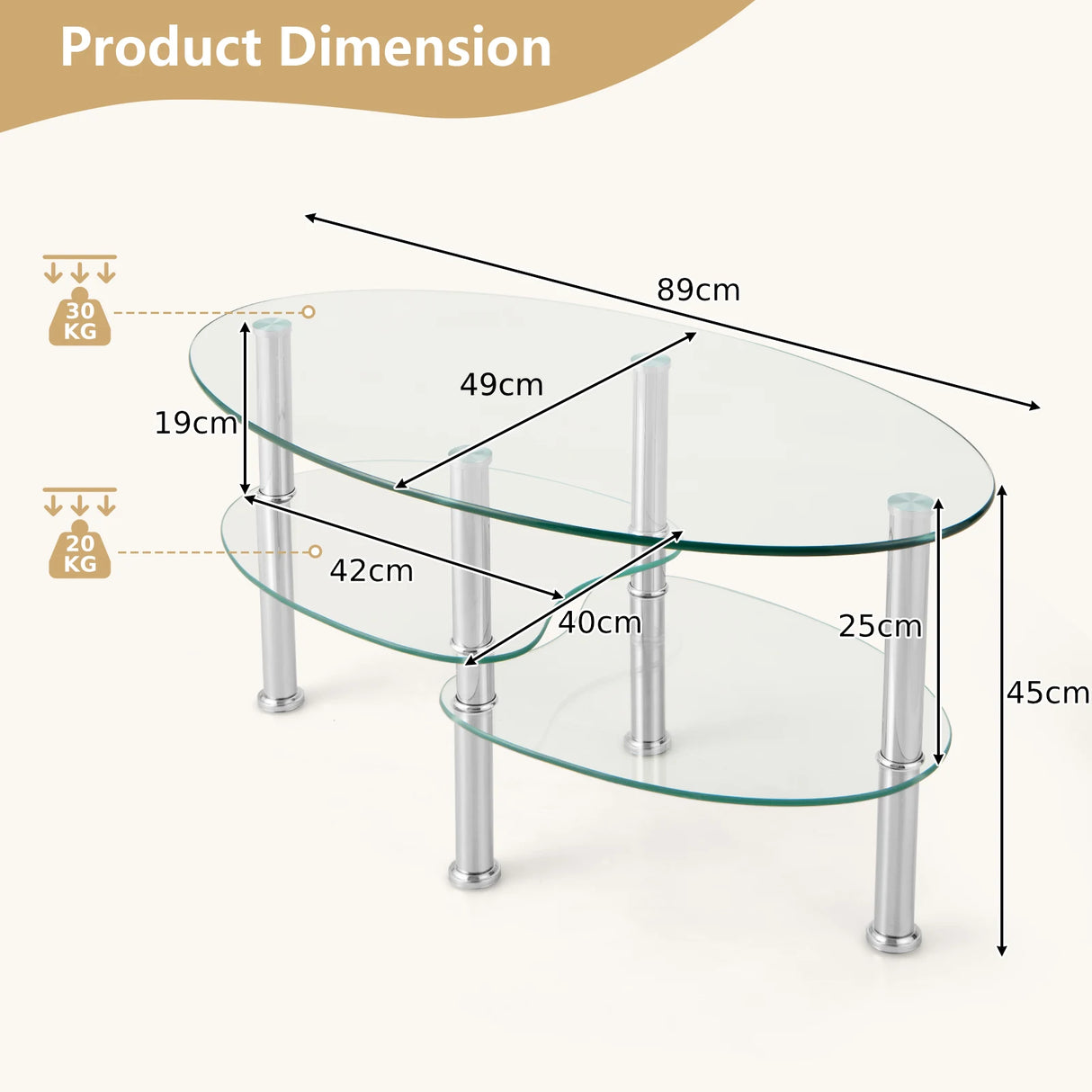3 Tier Glass Table with Modern Oval Design Three Tier Transparent Shelf