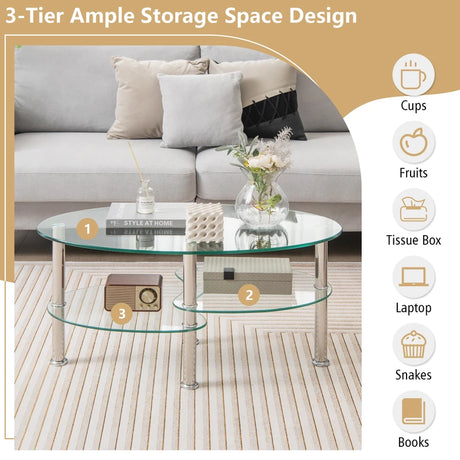 3 Tier Glass Table with Modern Oval Design Three Tier Transparent Shelf