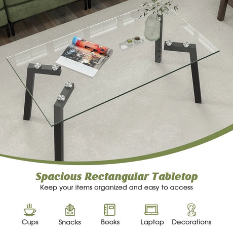 Modern Tempered Glass Coffee Table with Metal Frame for Living Room