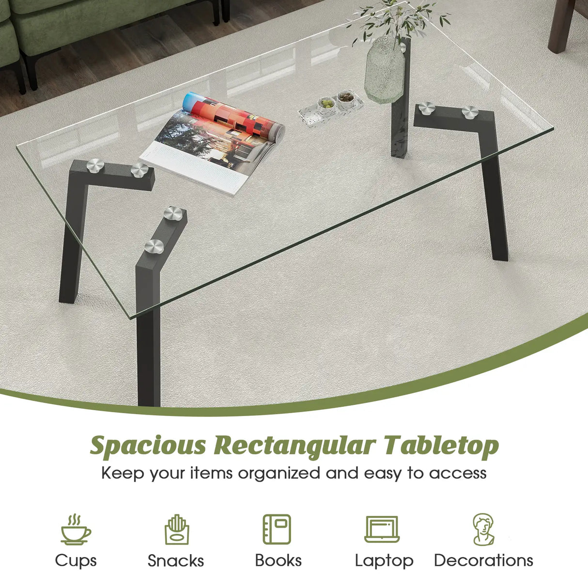 Modern Tempered Glass Coffee Table with Metal Frame for Living Room