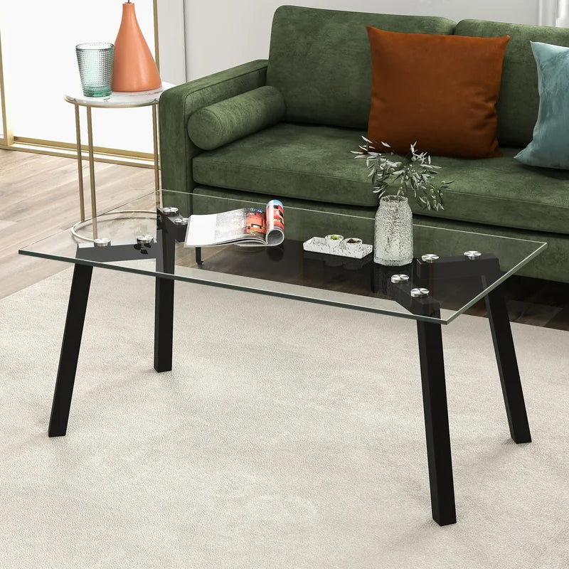 Modern Tempered Glass Coffee Table with Metal Frame for Living Room