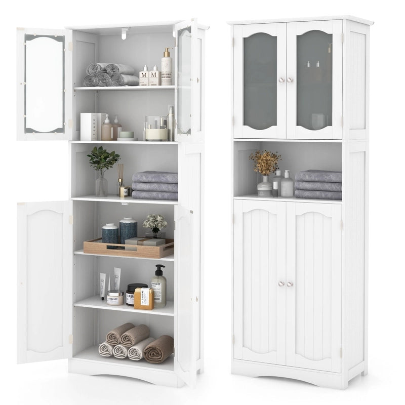64.5 Inches Tall Bathroom Storage Cabinet with Frost Glass Doors and Shelves-White