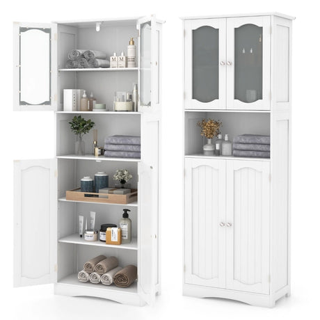 64.5 Inches Tall Bathroom Storage Cabinet with Frost Glass Doors and Shelves-White