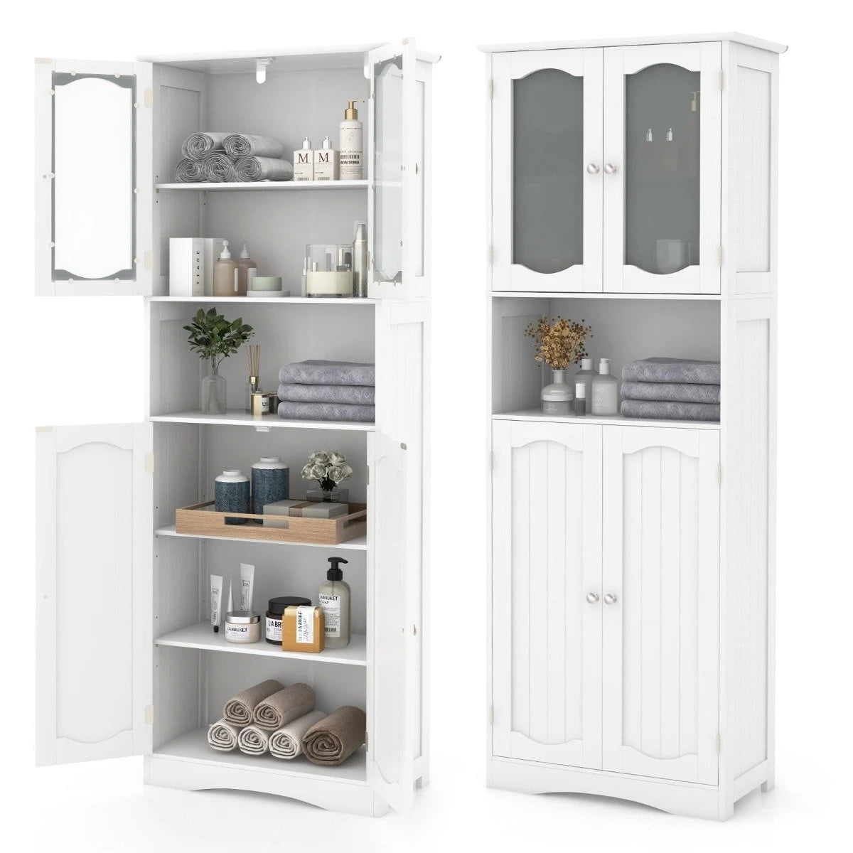 64.5 Inches Tall Bathroom Storage Cabinet with Frost Glass Doors and Shelves-White