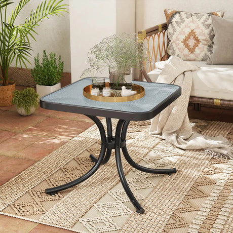 Tempered Glass Top Patio Table, 20" x 20" Outdoor Side Table w/ Heavy-duty Metal Frame, Patio Square End Table Table, Indoor Outdoor Small Compact Coffee Table for Garden Backyard Poolside