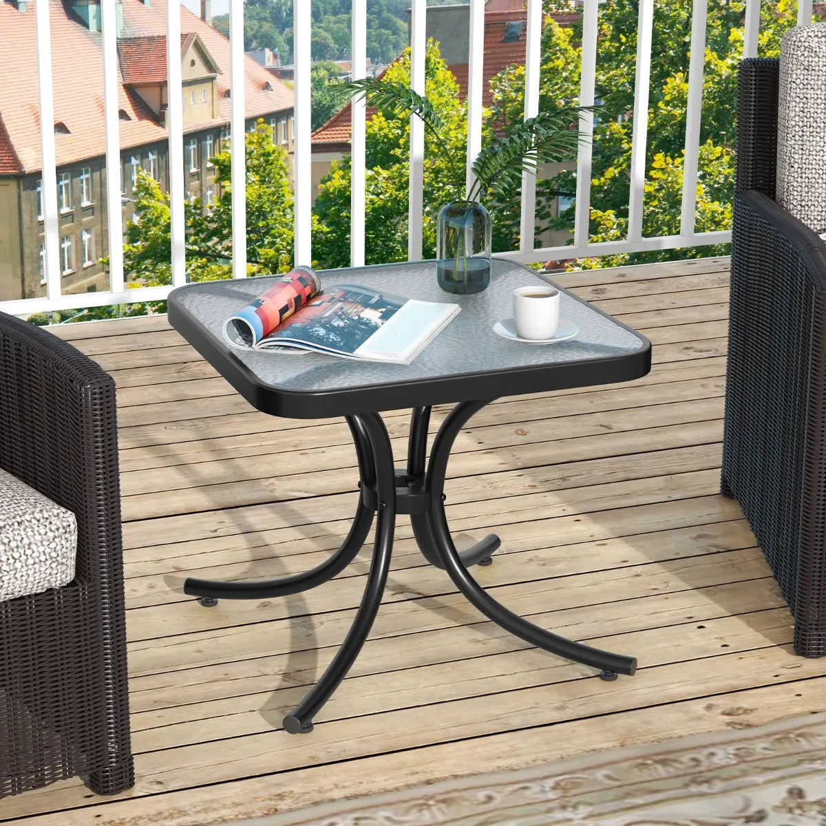 Tempered Glass Top Patio Table, 20" x 20" Outdoor Side Table w/ Heavy-duty Metal Frame, Patio Square End Table Table, Indoor Outdoor Small Compact Coffee Table for Garden Backyard Poolside