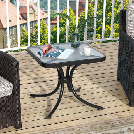 Tempered Glass Top Patio Table, 20" x 20" Outdoor Side Table w/ Heavy-duty Metal Frame, Patio Square End Table Table, Indoor Outdoor Small Compact Coffee Table for Garden Backyard Poolside