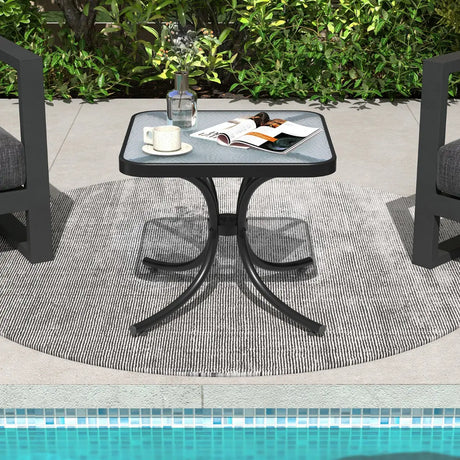 Tempered Glass Top Patio Table, 20" x 20" Outdoor Side Table w/ Heavy-duty Metal Frame, Patio Square End Table Table, Indoor Outdoor Small Compact Coffee Table for Garden Backyard Poolside