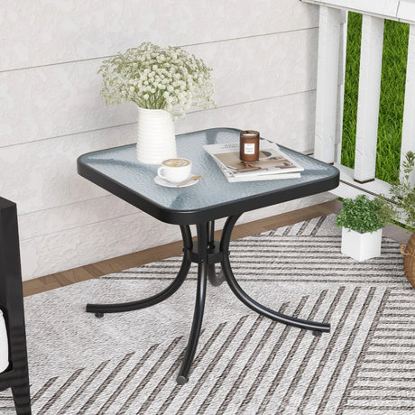 Tempered Glass Top Patio Table, 20" x 20" Outdoor Side Table w/ Heavy-duty Metal Frame, Patio Square End Table Table, Indoor Outdoor Small Compact Coffee Table for Garden Backyard Poolside