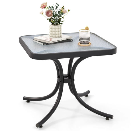 Tempered Glass Top Patio Table, 20" x 20" Outdoor Side Table w/ Heavy-duty Metal Frame, Patio Square End Table Table, Indoor Outdoor Small Compact Coffee Table for Garden Backyard Poolside