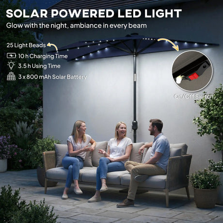 Outsunny 2.6 m Half Garden Parasol with Solar LED Lights, UPF50+ Semi Round Umbrella with 30 Tilt, Crank Handle, Dark Blue