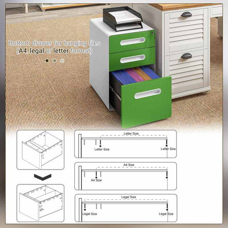 Vinsetto 3 Drawer Filing Cabinet, Steel Lockable File Cabinet with Lock and Wheels, for A4, Letter, Legal Sized Files, Green