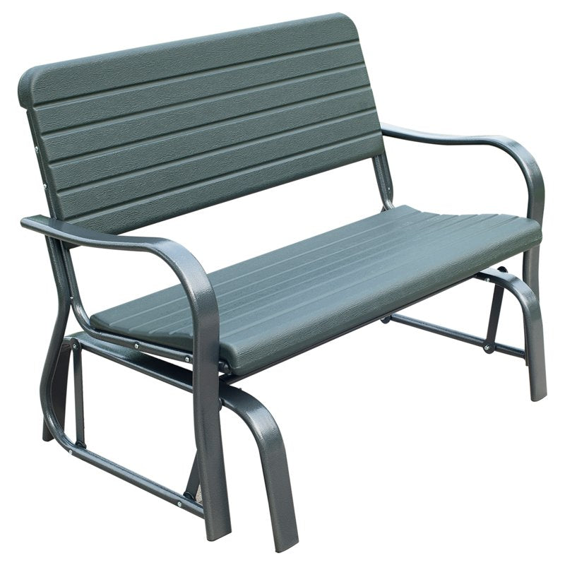 Outsunny 2 Seats Garden Glider Bench, Metal Frame and HDPE Swing Loveseat, Porch Rocking Glider for 2 Person with High Back and Armrest, Dark Green