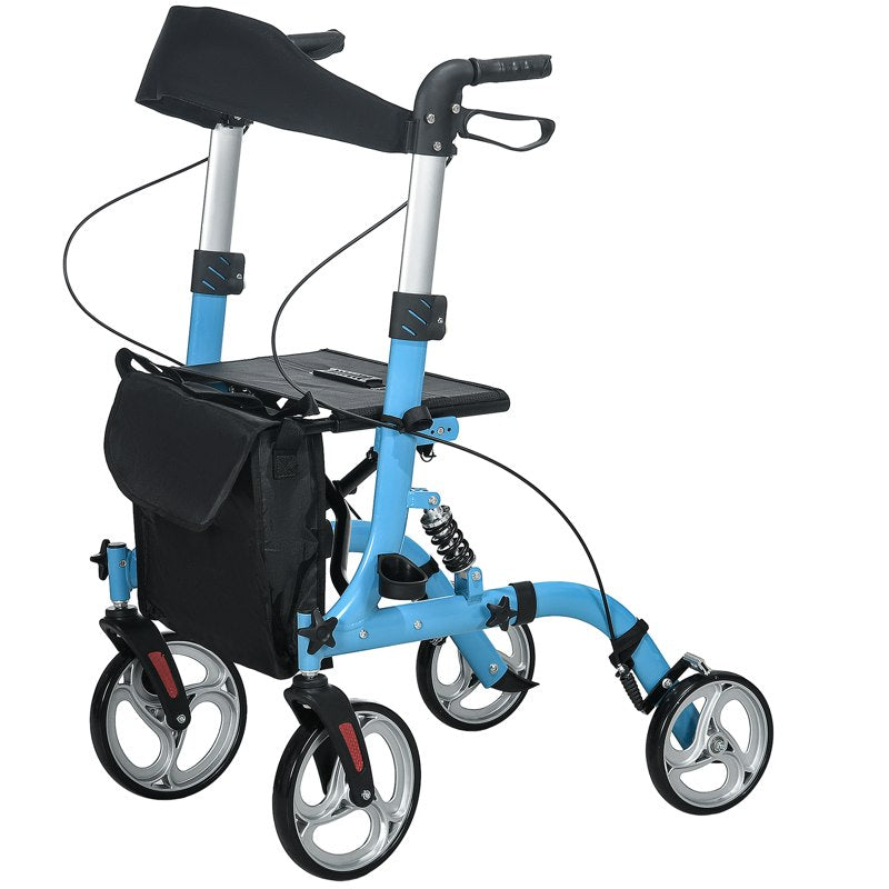 HOMCOM 4 Wheel Rollator with Seat and Back, Lightweight Folding Mobility Walker with Large Wheels, Carry Bag, Adjustable Height, Aluminium Walking Frame with Dual Brakes for Seniors, Blue