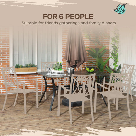 Outsunny Six-Seater Steel Garden Table, with 41mm Parasol Hole - Wood-Effect