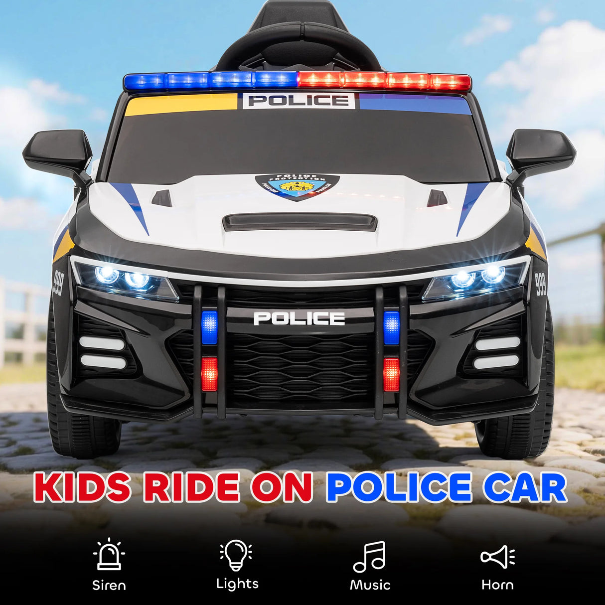 AIYAPLAY Kids Electric Ride on Police Car with Remote Control, Music, Horn, Siren Flashing Lights for 3-5 Years Old, Multicolour