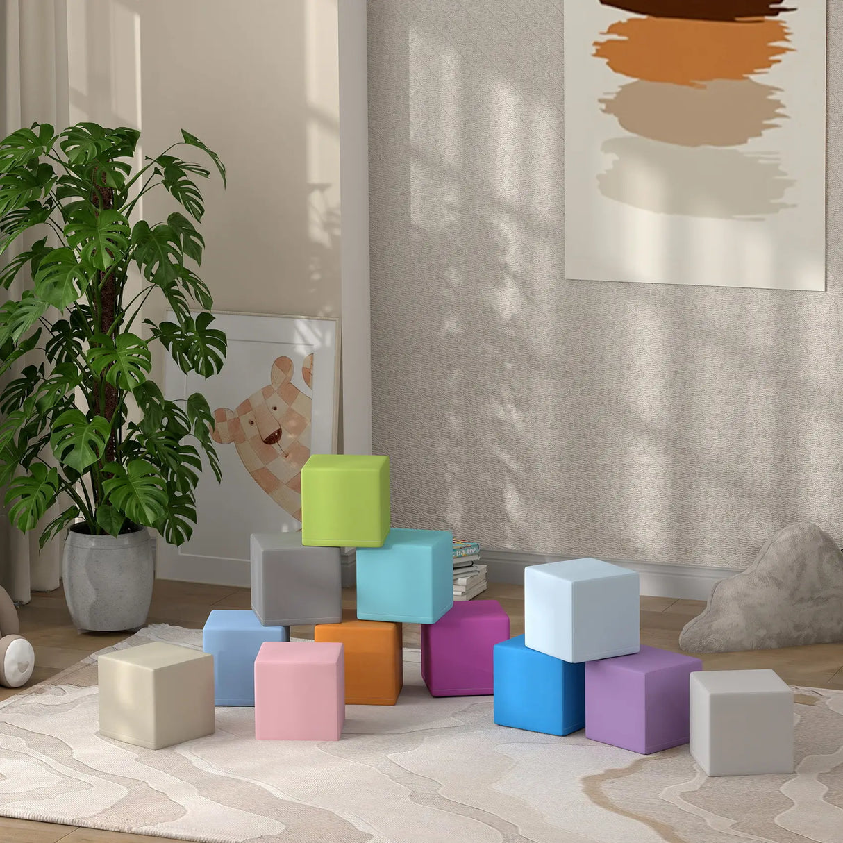 HOMCOM 12 PCs Soft Play Blocks, Soft Foam Toy, Building and Stacking Blocks for Kids, Blue