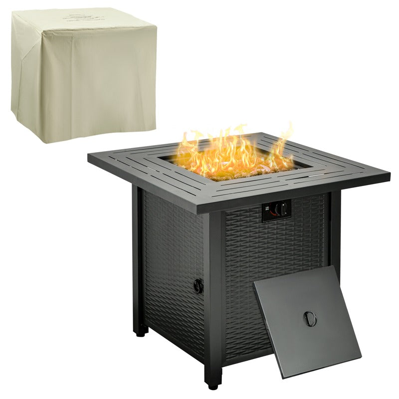 Outsunny Square Propane Gas Fire Pit Table, 40000 BTU Rattan Smokeless Firepit Patio Heater with Protective Cover, Lava Rocks and Lid, 71cm x 71cm x 62cm, Black