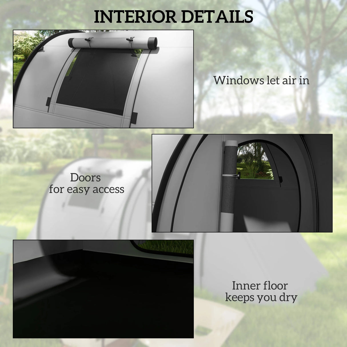 Outsunny Four Man Duo Room Tunnel Tent, with Accessories - Grey