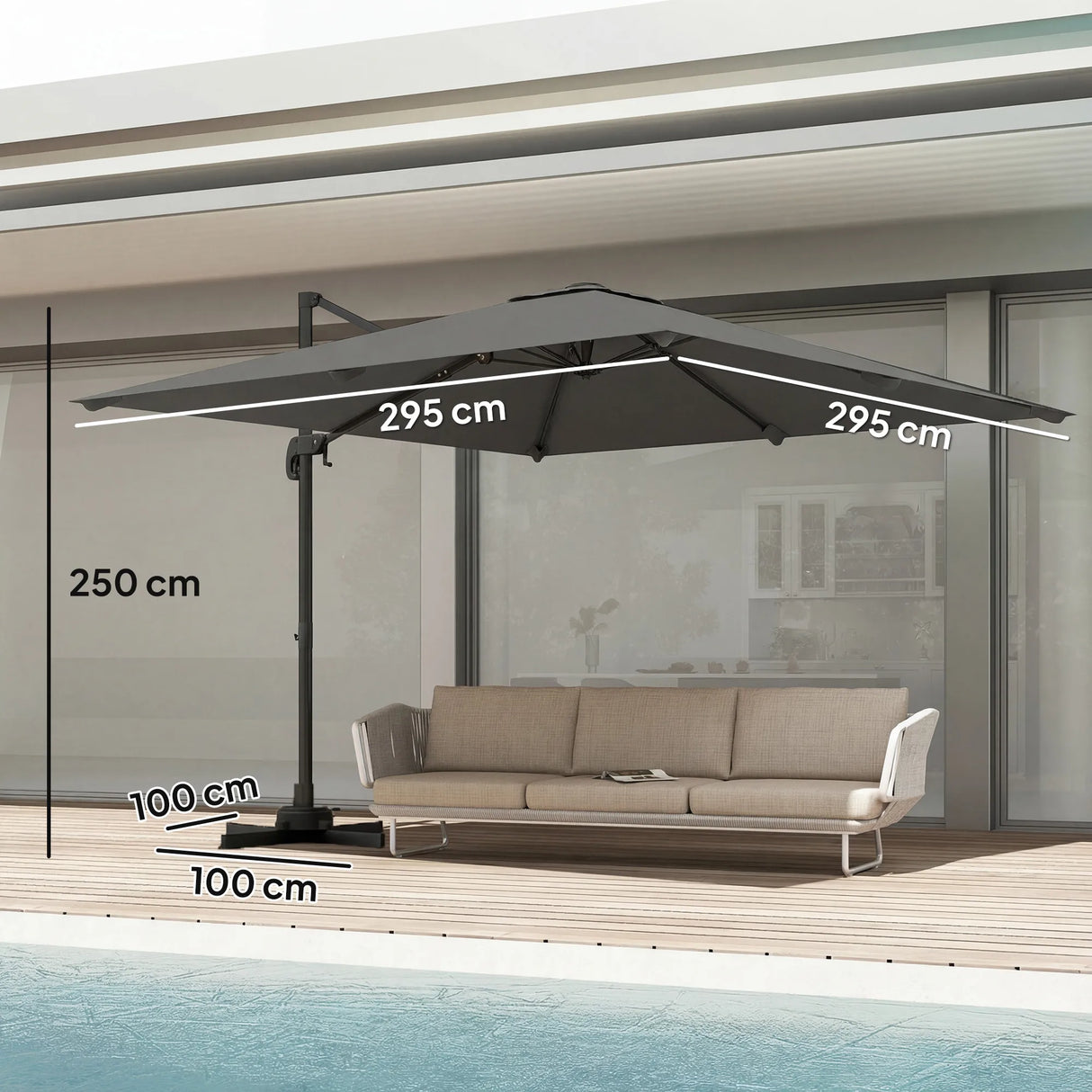 Outsunny 3 x 3 m Cantilever Parasol, Square Patio Umbrella with Crank Handle, Cross Base, Tilt, 360 Rotation, Dark Grey