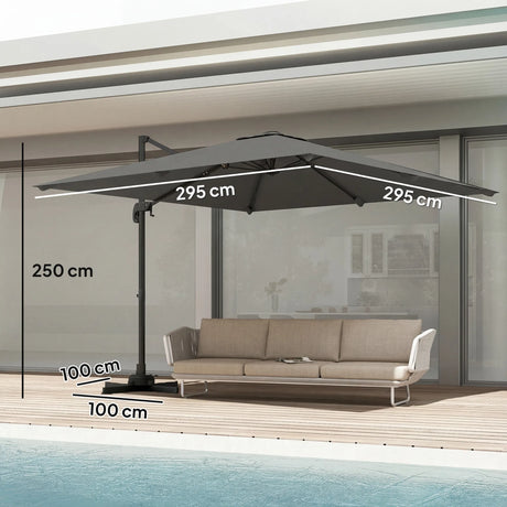 Outsunny 3 x 3 m Cantilever Parasol, Square Patio Umbrella with Crank Handle, Cross Base, Tilt, 360 Rotation, Dark Grey