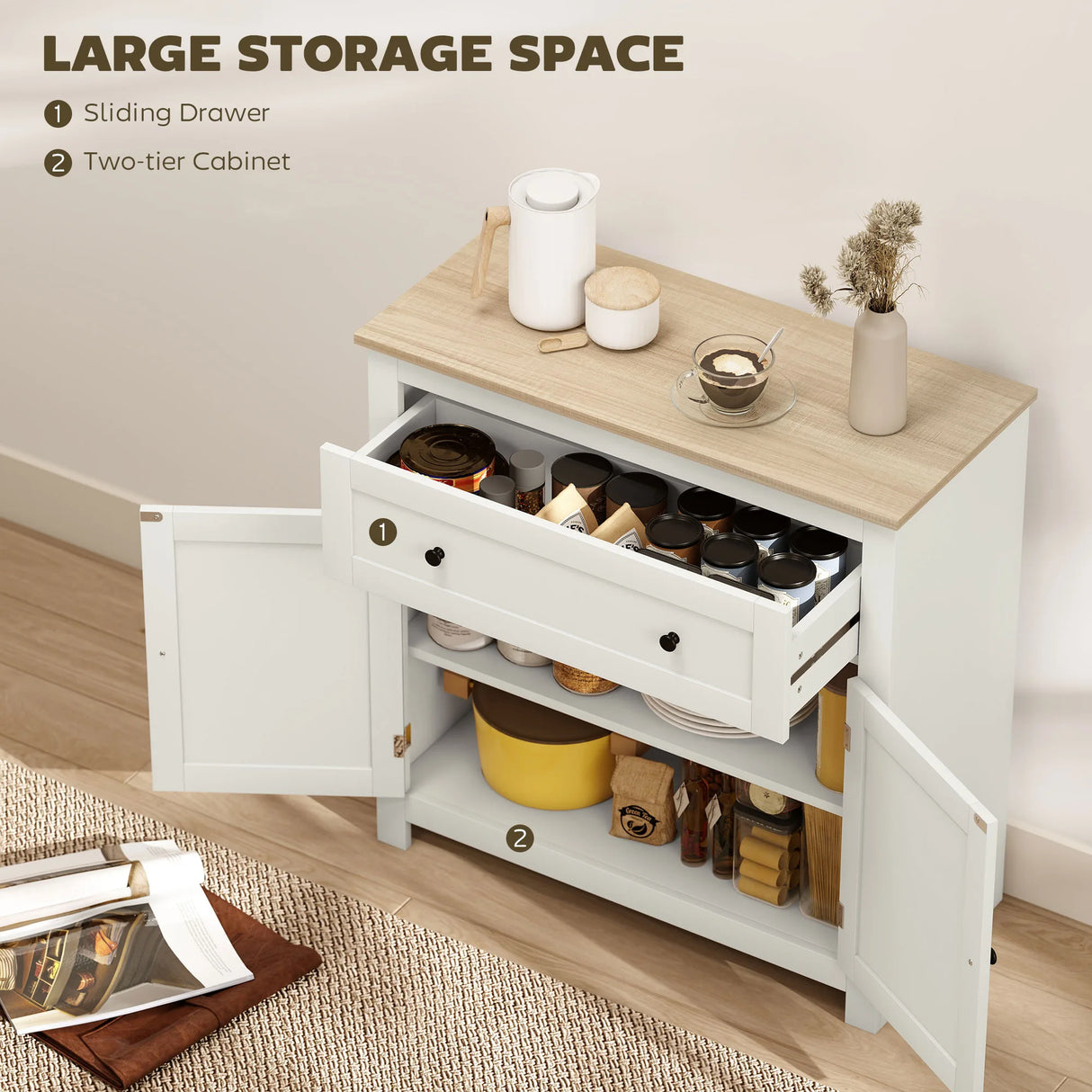 HOMCOM Sideboard Storage Cabinet, Modern Kitchen Cupboard with Adjustable Shelf, Drawer and Double Doors, Cream White