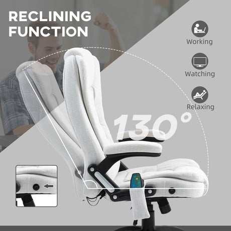 Vinsetto Massage Recliner Chair Heated Office Chair with Six Massage Points Linen-Feel Fabric 360° Swivel Wheels Cream White