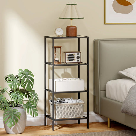HOMCOM 4-Tier Shelving Unit, Glass Shelf, Vertical Storage Shelf for Living Room, Home Office, Bedroom, Bathroom, Black