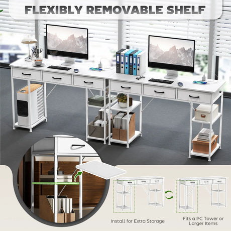 HOMCOM 120cm Computer Desk with Power Outlets, Office Desk Study Table with 3 Fabric Drawers and 4 Storage Shelves, White