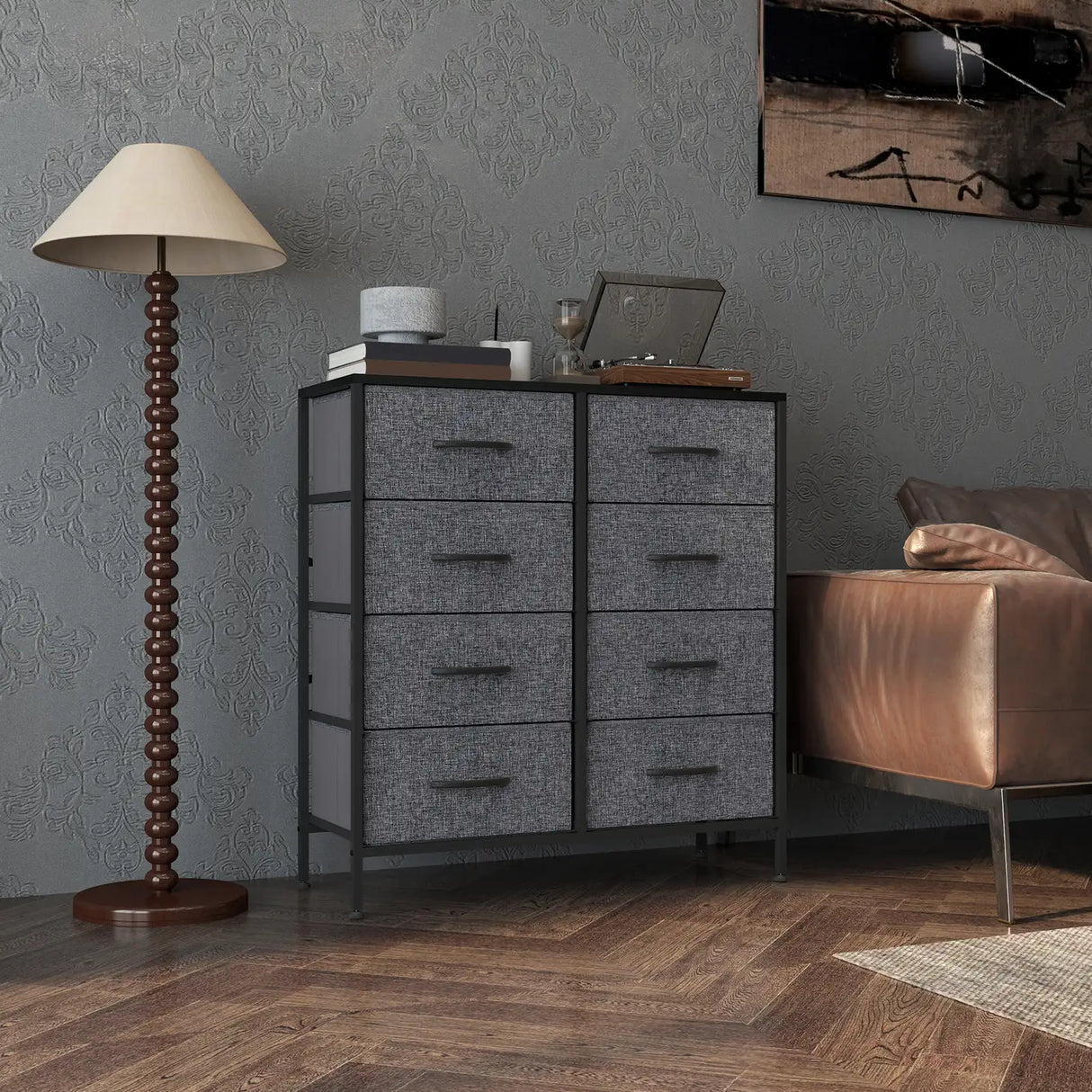 HOMCOM Fabric Chest of Drawers, Industrial Bedroom Dresser with 8 Fabric Drawers, Steel Frame and Wooden Top for Nursery, Living Room, Hallway, Black