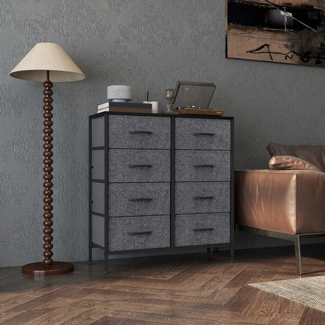 HOMCOM Fabric Chest of Drawers, Industrial Bedroom Dresser with 8 Fabric Drawers, Steel Frame and Wooden Top for Nursery, Living Room, Hallway, Black