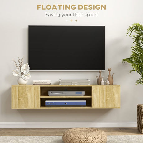 HOMCOM Floating TV Stand Cabinet for TVs up to 60", Wall Mounted TV Unit with Open Shelf, Storage Cupboards and Cable Management for Living Room, Natural Wood Effect