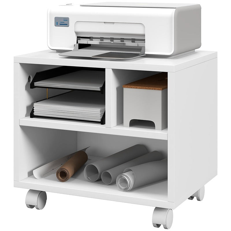 HOMCOM Three-Compartment Printer Cabinet, with Wheels - White