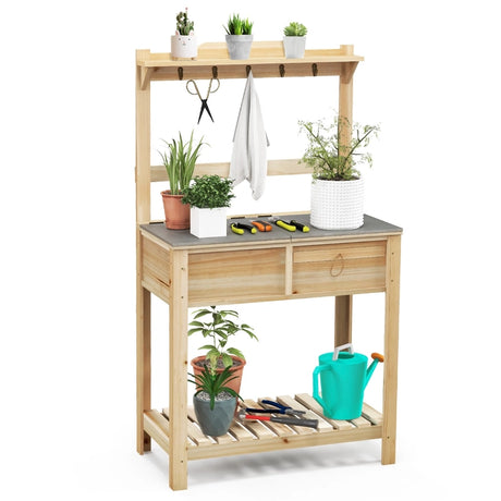 Wooden Potting Bench with Flip-open Galvanized Metal Tabletop