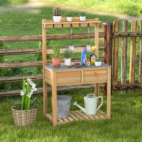 Wooden Potting Bench with Flip-open Galvanized Metal Tabletop