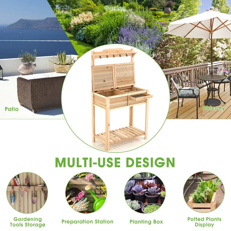 Wooden Potting Bench with Flip-open Galvanized Metal Tabletop