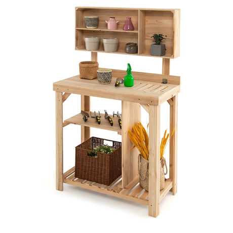 Wooden Potting Bench Table with Storage Shelves for Garden