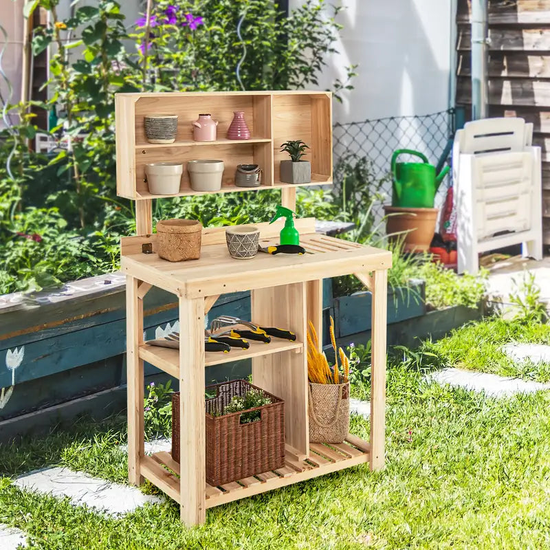 Wooden Potting Bench Table with Storage Shelves for Garden