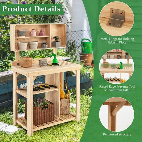 Wooden Potting Bench Table with Storage Shelves for Garden