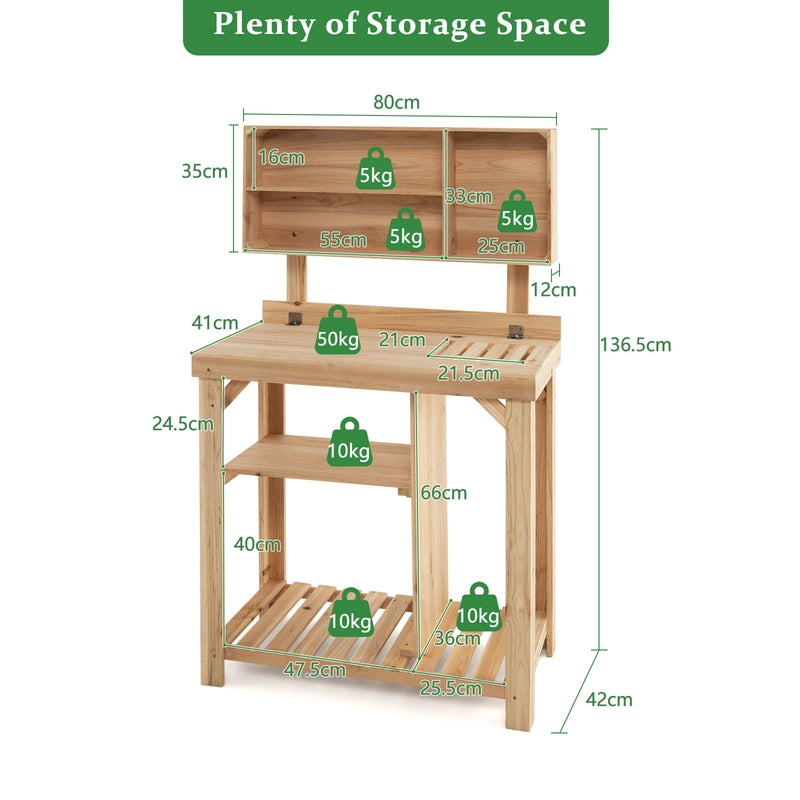 Wooden Potting Bench Table with Storage Shelves for Garden