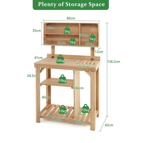 Wooden Potting Bench Table with Storage Shelves for Garden