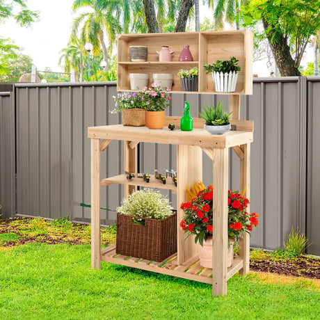 Wooden Potting Bench Table with Storage Shelves for Garden