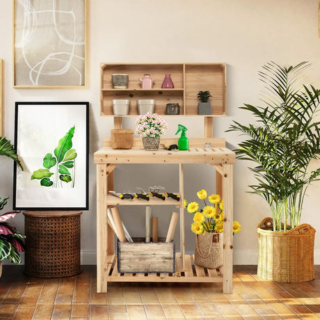 Wooden Potting Bench Table with Storage Shelves for Garden