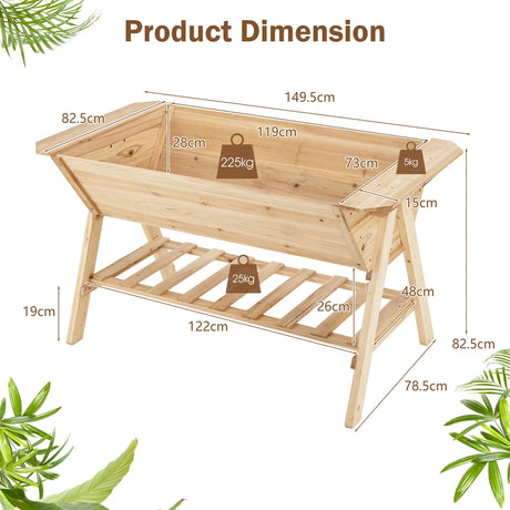 Raised Wood Garden Bed with Shelf and Liner